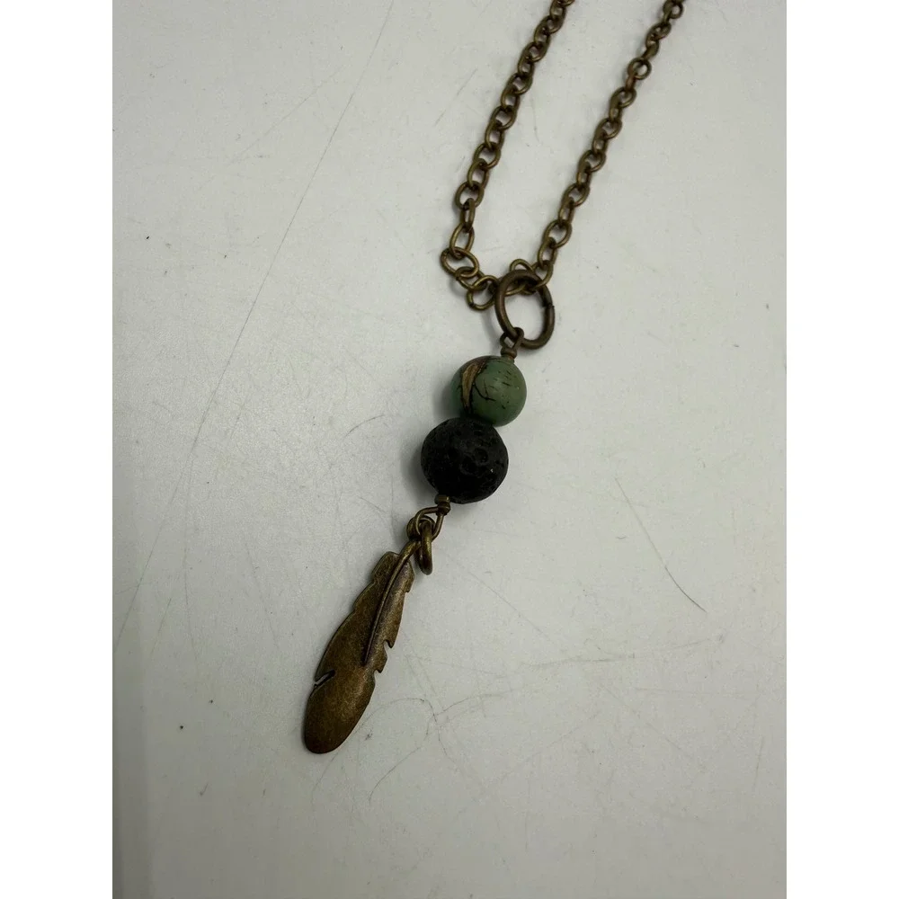 Antique Bronze Feather Pendant‎ Necklace Green Stone Lava Rock Bead Boho 22 Inch